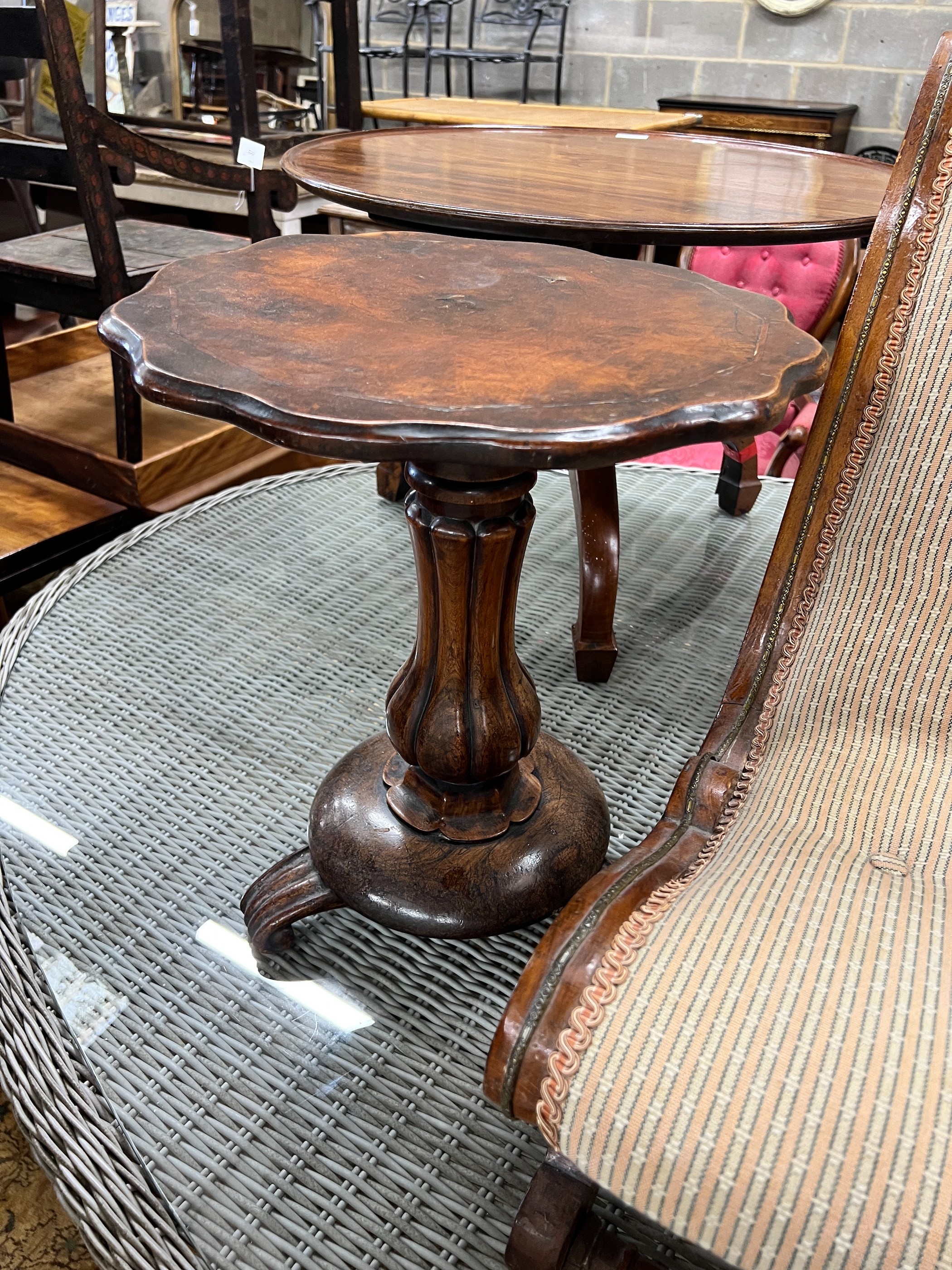 A Victorian oak and mahogany hall chair, a slipper chair and a wine table